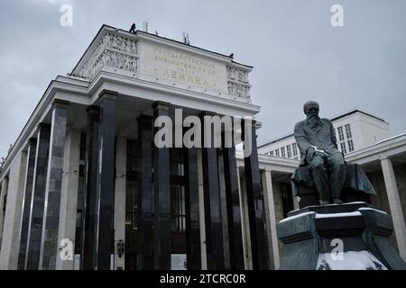 The monument to Fyodor Dostoyevsky, the great Russian writer, in front of the Russian State Library. Moscow, Russia. Stock Photo