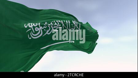 Saudi Arabia national flag waving in the wind on a clear day. Green field with Shahada and sword in Thuluth script. Rippled fabric. 3d illustration re Stock Photo