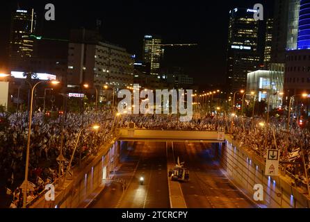 July 11th, 2023, Tel-Aviv, Israel. Protesters demonstrating against the Israeli government judicial policy changes and the loss of democracy rule. Stock Photo