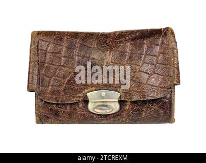 Old worn brown leather purse from 1920 with clasp isolated on white background Stock Photo