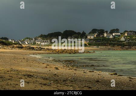 Village at rainy weather near the Sillon de Talbert, Côtes-d'Armor, Brittany, France Stock Photo