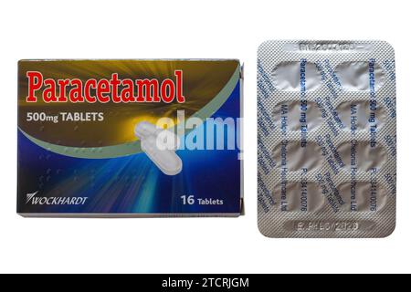 Pack of Wockhardt Paracetamol 500mg tablets with blister pack removed isolated on white background Stock Photo