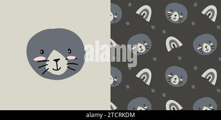 simple portrait of seal with rainbow pattern. Vector illustration can used for baby background, nursery textile, poster. Seal face background in retro scandinavian colors.  Stock Vector