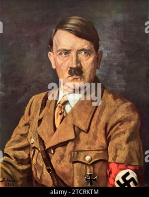 Portrait of Adolf Hitler, German leader, painted in 1933 by B Von Jacobs. This colored painting depicts Hitler during a significant period, just as he rose to power in Germany. The artwork captures the historical figure in a formal pose, reflecting the art style and portraiture techniques of the early 1930s. Stock Photo