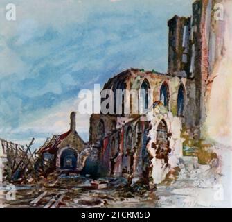 This watercolor, created by Adolf Hitler during his time as a frontline soldier, depicts the ruins of a monastery in Messines, dated December 1914. As an early artistic work by Hitler, it captures the devastation of World War I, reflecting his personal observation of the war's impact on historical and religious sites. This piece, one of several created during his service, offers a glimpse into his artistic expression during a formative period in his life, marked by the backdrop of war and destruction. Stock Photo