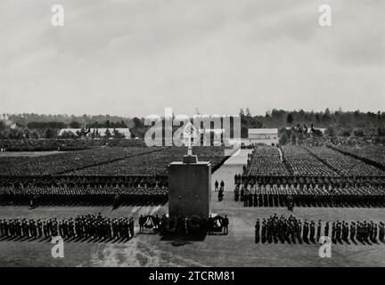 Das Heer der Arbeit (The Army of Labor) at the Reichsparteitag (Nazi Party Rally), 1935. This gathering showcases the Nazi regime's focus on labor and industry as pillars of national strength and propaganda. The 1935 rally, held in Nuremberg, was a significant event, used by the Nazis to project unity and power. It was during this period that the regime was intensifying its control and beginning to implement its broader, more aggressive policies both domestically and in foreign affairs. Stock Photo