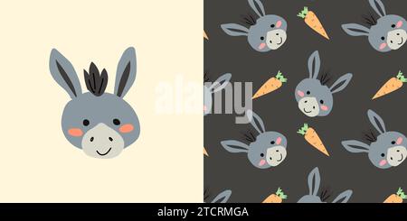 simple animal donkey and pattern with baby animal and carrot. Cute portrait of domestic grey animal and pattern with carrot and donkey. Childish dark pattern can used for nursery print, textile. Stock Vector