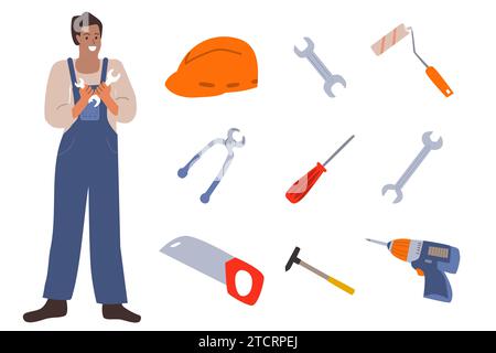 set of building tools and pretty man worker with dark skin. Vector illustration isolated. Smiling worker in blue overalls. Instruments and man. Sew, drill, hammer and other tools in flat style. Stock Vector