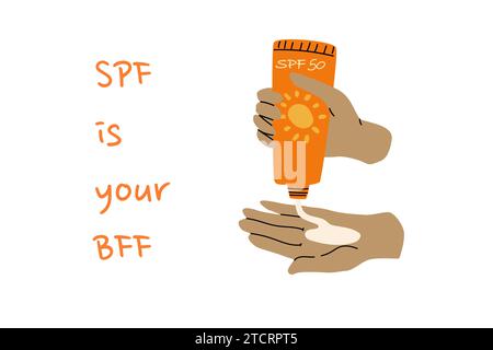 spf is your bff cartoon background with sunscreen cream. Hand apply cream from tube. Flat design. Vector illustration can used for cosmetic background. Cartoon banner with spf cream.  Stock Vector