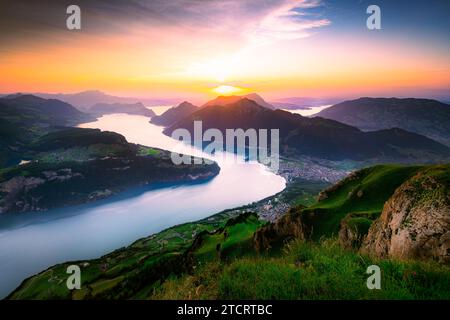 Stoos Ridge Sunset Swiss mountain village Stoos at sunset aerial drone overview in canton ...