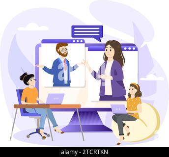 Collaborative learning illustration. Students working in group. Distance learning. Top view of teenagers preparing for lessons. Stock Vector