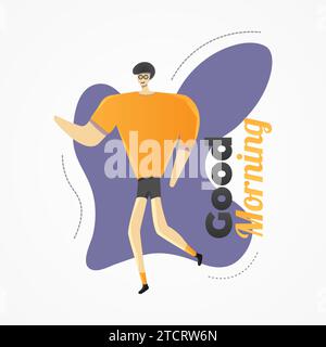 Man jogging in the morning. Flat Cartoon of a Young Man Exercising in the Morning Stock Vector