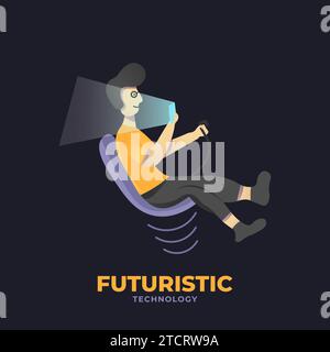 Man with Futuristic Technology. Male Character Sits on a Futuristic Flying Chair Stock Vector