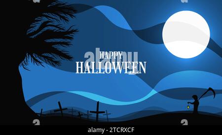 Halloween background illustration with spooky tree and grim reaper holding scythe and lantern Stock Vector