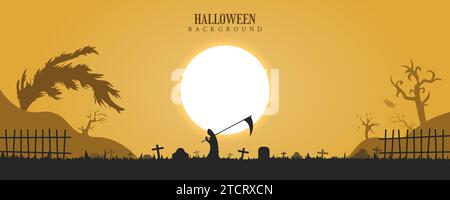 Halloween background with grim reaper holding scythe on grave Stock Vector