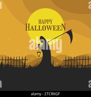 Happy Halloween greeting with grim reaper holding scythe and grave background Stock Vector