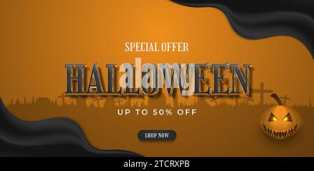 Halloween sale banner with for online shopping with grave background Stock Vector