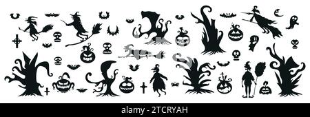 Set of Halloween Silhouette Icon and Character. Halloween Vector Illustration Isolated on White Background Stock Vector
