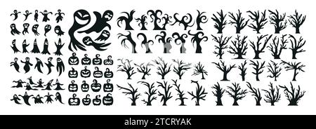 Set of Halloween Silhouette Icon and Character. Halloween Vector Illustration Isolated on White Background Stock Vector