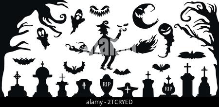 Set of Halloween Silhouette Icon and Character. Halloween Vector Illustration Isolated on White Background Stock Vector