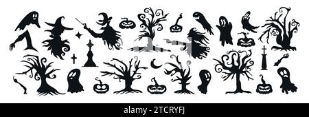 Set of Halloween Silhouette Icon and Character. Halloween Vector Illustration Isolated on White Background Stock Vector