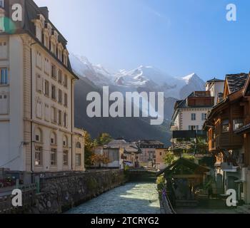 The Arve river and Mont Blanc in Chamonix, Haute Savoie, France Stock Photo