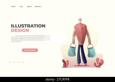 Illustration of a man carrying a blue plastic bag. Illustration of Semi-Flat Vector Stock Vector