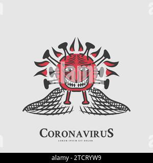 Coronavirus illustration with evil creepy smile in vintage style concept Stock Vector