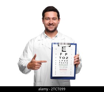 Ophthalmologist pointing at vision test chart on white background Stock Photo
