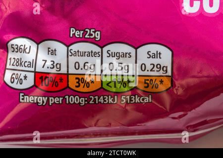 Nutritional information traffic lights system labelling colour coded label information on packet of Walkers Supreme Prawn Cocktail crisps Stock Photo