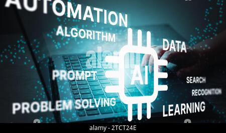 Woman use the power of Artificial Intelligence on laptop. AI concept. Data technology information. Business woman with VR interface. Machine learning Stock Photo