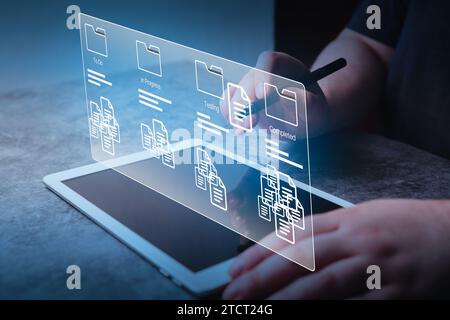 Woman use software for project management on digital tablet with VR interface. Business developer. Futuristic concept tool for fast changes Stock Photo