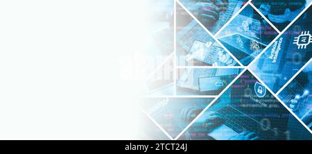 Digital technology banner with white background for copy space. Software development, data analysis, programming, cloud, internet and data exchange. Futuristic business technology concept. Stock Photo