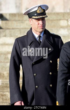 The Prince of Wales attends the Lord High Admiral's Divisions at the Britannia Royal Naval College, Dartmouth, to view a parade of 202 Royal Navy Cadets passing out with International Officer Cadets from Oman, Kuwait, Bangladesh and Trinidad and Tobago. Picture date: Thursday December 14, 2023. Stock Photo