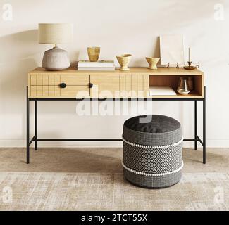 Chic Scandinavian workspace with stylish wooden desk and patterned ottoman. 3d render Stock Photo