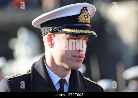 The Prince of Wales attends the Lord High Admiral's Divisions at the Britannia Royal Naval College, Dartmouth, to view a parade of 202 Royal Navy Cadets passing out with International Officer Cadets from Oman, Kuwait, Bangladesh and Trinidad and Tobago. Picture date: Thursday December 14, 2023. Stock Photo