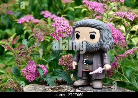 Funko Pop action figure of gamekeeper half-giant Hagrid with umbrella from fantasy movie Harry Potter. Pink flowers, forest glade, tree stump. Stock Photo