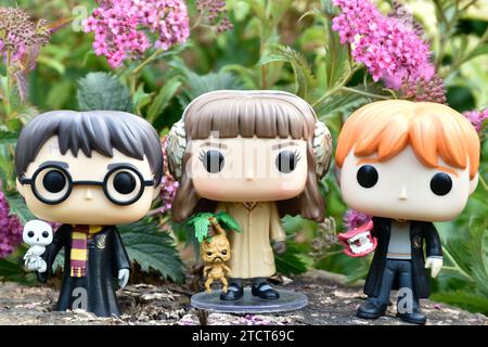 Funko Pop action figures of Harry Potter, Hermione Granger and Ron Weasley. Pink flowers, forest glade, magical woods, wizarding world, friendship. Stock Photo