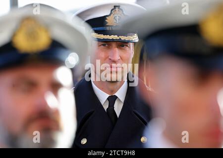 The Prince of Wales attends the Lord High Admiral's Divisions at the Britannia Royal Naval College, Dartmouth, to view a parade of 202 Royal Navy Cadets passing out with International Officer Cadets from Oman, Kuwait, Bangladesh and Trinidad and Tobago. Picture date: Thursday December 14, 2023. Stock Photo