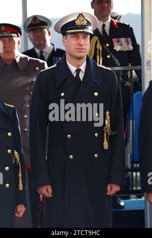 The Prince of Wales attends the Lord High Admiral's Divisions at the Britannia Royal Naval College, Dartmouth, to view a parade of 202 Royal Navy Cadets passing out with International Officer Cadets from Oman, Kuwait, Bangladesh and Trinidad and Tobago. Picture date: Thursday December 14, 2023. Stock Photo