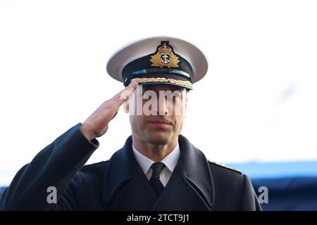 The Prince of Wales attends the Lord High Admiral's Divisions at the Britannia Royal Naval College, Dartmouth, to view a parade of 202 Royal Navy Cadets passing out with International Officer Cadets from Oman, Kuwait, Bangladesh and Trinidad and Tobago. Picture date: Thursday December 14, 2023. Stock Photo