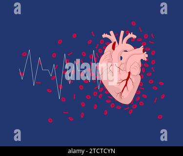 Banner template for medical website or printed material, book, with dark background, realistic human heart, and red blood cells. Stock Vector