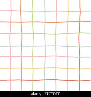 Doodle Gingham Check Plaid Vector Pattern. Vertical and horizontal hand drawn crossing yellow, red, pink, orange, grey, green, purple stripes. Chequer Stock Vector