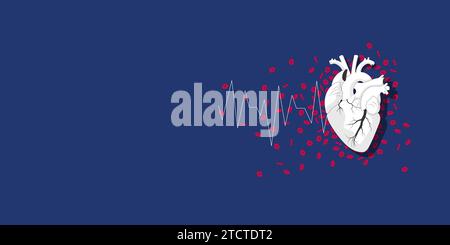 Banner template for medical website or printed material, book, with dark background, realistic human heart, and red blood cells. Stock Vector