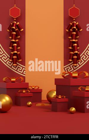 Embrace prosperity in 2024! Elevate designs with Year of the Dragon's red and gold charm, Symbolizing Prosperity and Cultural Richness.   Luxurious 3D Stock Photo