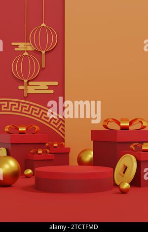 Embrace prosperity in 2024! Elevate designs with Year of the Dragon's red and gold charm, Symbolizing Prosperity and Cultural Richness. Luxurious 3D i Stock Photo