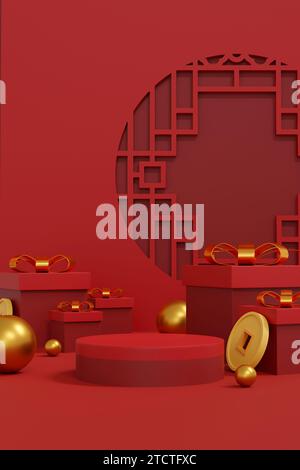 Embrace prosperity in 2024! Elevate designs with Year of the Dragon's red and gold charm, Symbolizing Prosperity and Cultural Richness.   Luxurious 3D Stock Photo