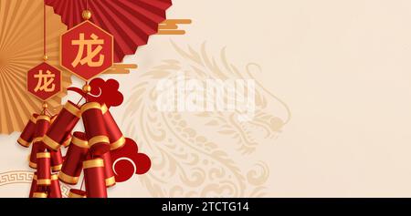 Embrace prosperity in 2024! Elevate designs with Year of the Dragon's red and gold charm, Symbolizing Prosperity and Cultural Richness.   Luxurious 3D Stock Photo