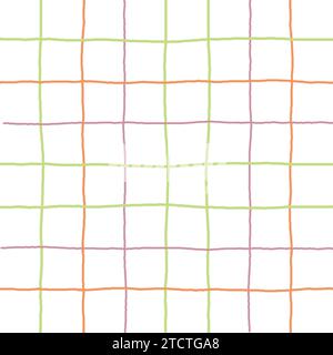 Doodle Gingham Check Plaid Vector Pattern. Vertical and horizontal hand drawn crossing red, green, purple stripes. Chequered freehand geometrical back Stock Vector