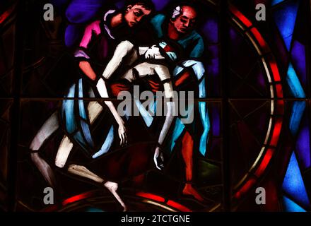 Sion cathedral.  Stained glass. The good Samaritan. Luke X 30. Sion. Switzerland. Stock Photo